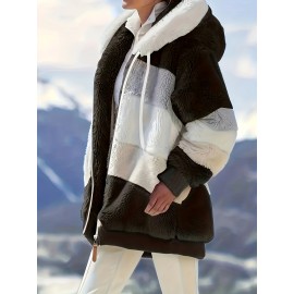 Cozy Fuzzy Color Block Coat - Stylish Hooded Zip Up with Drawstring - Adjustable Long Sleeve Outerwear for Women - Perfect Winter Wear