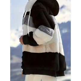 Cozy Fuzzy Color Block Coat - Stylish Hooded Zip Up with Drawstring - Adjustable Long Sleeve Outerwear for Women - Perfect Winter Wear