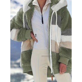 Cozy Fuzzy Color Block Coat - Stylish Hooded Zip Up with Drawstring - Adjustable Long Sleeve Outerwear for Women - Perfect Winter Wear