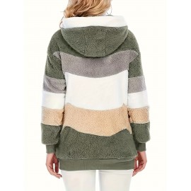 Cozy Fuzzy Color Block Coat - Stylish Hooded Zip Up with Drawstring - Adjustable Long Sleeve Outerwear for Women - Perfect Winter Wear