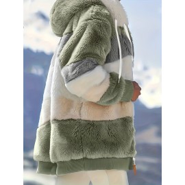 Cozy Fuzzy Color Block Coat - Stylish Hooded Zip Up with Drawstring - Adjustable Long Sleeve Outerwear for Women - Perfect Winter Wear