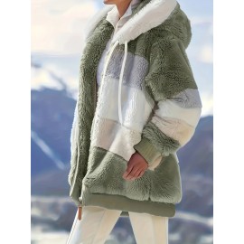 Cozy Fuzzy Color Block Coat - Stylish Hooded Zip Up with Drawstring - Adjustable Long Sleeve Outerwear for Women - Perfect Winter Wear