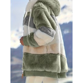 Cozy Fuzzy Color Block Coat - Stylish Hooded Zip Up with Drawstring - Adjustable Long Sleeve Outerwear for Women - Perfect Winter Wear