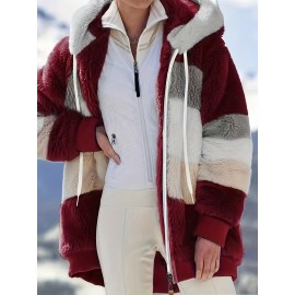 Cozy Fuzzy Color Block Coat - Stylish Hooded Zip Up with Drawstring - Adjustable Long Sleeve Outerwear for Women - Perfect Winter Wear