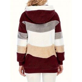 Cozy Fuzzy Color Block Coat - Stylish Hooded Zip Up with Drawstring - Adjustable Long Sleeve Outerwear for Women - Perfect Winter Wear
