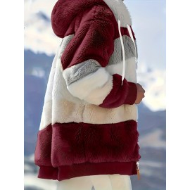Cozy Fuzzy Color Block Coat - Stylish Hooded Zip Up with Drawstring - Adjustable Long Sleeve Outerwear for Women - Perfect Winter Wear