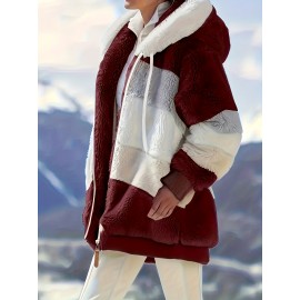 Cozy Fuzzy Color Block Coat - Stylish Hooded Zip Up with Drawstring - Adjustable Long Sleeve Outerwear for Women - Perfect Winter Wear