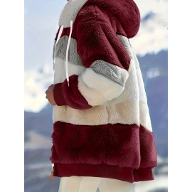 Cozy Fuzzy Color Block Coat - Stylish Hooded Zip Up with Drawstring - Adjustable Long Sleeve Outerwear for Women - Perfect Winter Wear