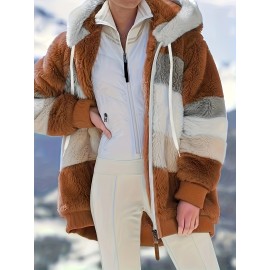 Cozy Fuzzy Color Block Coat - Stylish Hooded Zip Up with Drawstring - Adjustable Long Sleeve Outerwear for Women - Perfect Winter Wear