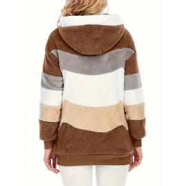 Cozy Fuzzy Color Block Coat - Stylish Hooded Zip Up with Drawstring - Adjustable Long Sleeve Outerwear for Women - Perfect Winter Wear