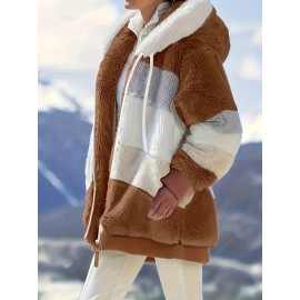 Cozy Fuzzy Color Block Coat - Stylish Hooded Zip Up with Drawstring - Adjustable Long Sleeve Outerwear for Women - Perfect Winter Wear