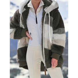Cozy Fuzzy Color Block Coat - Stylish Hooded Zip Up with Drawstring - Adjustable Long Sleeve Outerwear for Women - Perfect Winter Wear