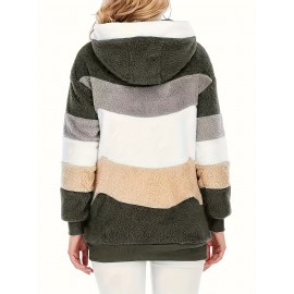 Cozy Fuzzy Color Block Coat - Stylish Hooded Zip Up with Drawstring - Adjustable Long Sleeve Outerwear for Women - Perfect Winter Wear