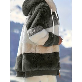 Cozy Fuzzy Color Block Coat - Stylish Hooded Zip Up with Drawstring - Adjustable Long Sleeve Outerwear for Women - Perfect Winter Wear