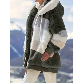 Cozy Fuzzy Color Block Coat - Stylish Hooded Zip Up with Drawstring - Adjustable Long Sleeve Outerwear for Women - Perfect Winter Wear