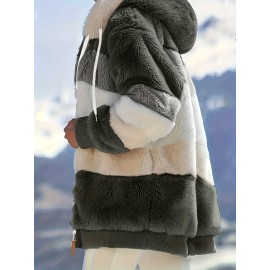 Cozy Fuzzy Color Block Coat - Stylish Hooded Zip Up with Drawstring - Adjustable Long Sleeve Outerwear for Women - Perfect Winter Wear