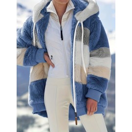 Cozy Fuzzy Color Block Coat - Stylish Hooded Zip Up with Drawstring - Adjustable Long Sleeve Outerwear for Women - Perfect Winter Wear