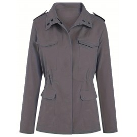 Womens Cozy Winter Jacket - Long Sleeve, Stand Collar, Warm Pockets, Zip & Button Closure, Casual Wear