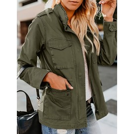 Womens Cozy Winter Jacket - Long Sleeve, Stand Collar, Warm Pockets, Zip & Button Closure, Casual Wear