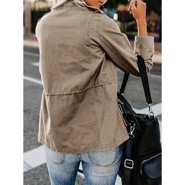 Womens Cozy Winter Jacket - Long Sleeve, Stand Collar, Warm Pockets, Zip & Button Closure, Casual Wear