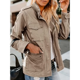 Womens Cozy Winter Jacket - Long Sleeve, Stand Collar, Warm Pockets, Zip & Button Closure, Casual Wear