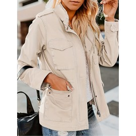 Womens Cozy Winter Jacket - Long Sleeve, Stand Collar, Warm Pockets, Zip & Button Closure, Casual Wear