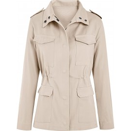 Womens Cozy Winter Jacket - Long Sleeve, Stand Collar, Warm Pockets, Zip & Button Closure, Casual Wear