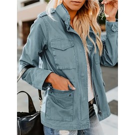 Womens Cozy Winter Jacket - Long Sleeve, Stand Collar, Warm Pockets, Zip & Button Closure, Casual Wear