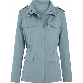 Womens Cozy Winter Jacket - Long Sleeve, Stand Collar, Warm Pockets, Zip & Button Closure, Casual Wear