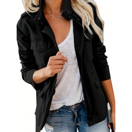 Womens Cozy Winter Jacket - Long Sleeve, Stand Collar, Warm Pockets, Zip & Button Closure, Casual Wear