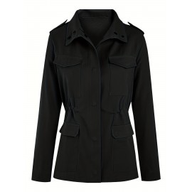 Womens Cozy Winter Jacket - Long Sleeve, Stand Collar, Warm Pockets, Zip & Button Closure, Casual Wear
