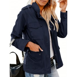 Womens Cozy Winter Jacket - Long Sleeve, Stand Collar, Warm Pockets, Zip & Button Closure, Casual Wear