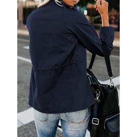 Womens Cozy Winter Jacket - Long Sleeve, Stand Collar, Warm Pockets, Zip & Button Closure, Casual Wear