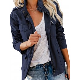 Womens Cozy Winter Jacket - Long Sleeve, Stand Collar, Warm Pockets, Zip & Button Closure, Casual Wear