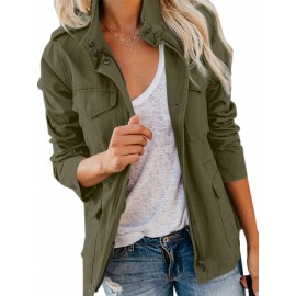 Womens Cozy Winter Jacket - Long Sleeve, Stand Collar, Warm Pockets, Zip & Button Closure, Casual Wear