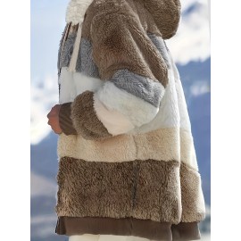 Cozy Faux Fur Hooded Jacket - Stylish Drawstring Design - Warm Long Sleeve Winter Wear for Women