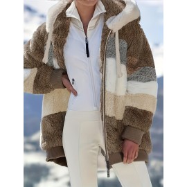 Cozy Faux Fur Hooded Jacket - Stylish Drawstring Design - Warm Long Sleeve Winter Wear for Women