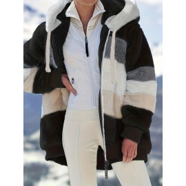 Cozy Faux Fur Hooded Jacket - Stylish Drawstring Design - Warm Long Sleeve Winter Wear for Women