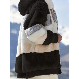Cozy Faux Fur Hooded Jacket - Stylish Drawstring Design - Warm Long Sleeve Winter Wear for Women