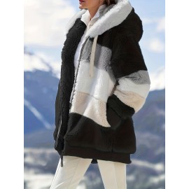 Cozy Faux Fur Hooded Jacket - Stylish Drawstring Design - Warm Long Sleeve Winter Wear for Women
