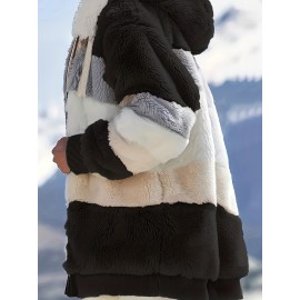 Cozy Faux Fur Hooded Jacket - Stylish Drawstring Design - Warm Long Sleeve Winter Wear for Women