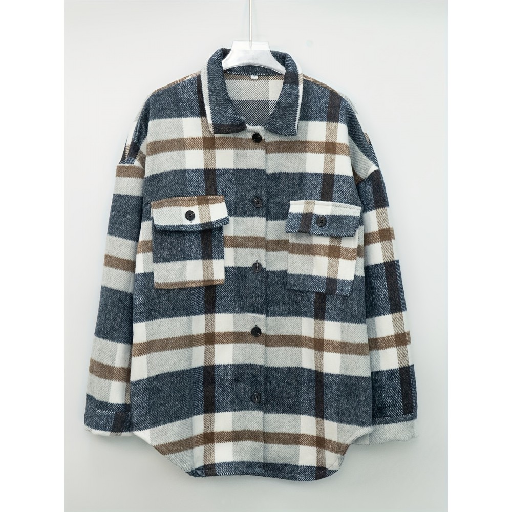 Plaid Tweed Bomber Jacket with Lapel Collar - Soft Slight Stretch Fabric, Micro Elasticity, Random Printing, Two Pockets - Casual Fall/Winter Loose Fit Long Sleeve Jacket for Women