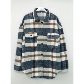 Plaid Tweed Bomber Jacket with Lapel Collar - Soft Slight Stretch Fabric, Micro Elasticity, Random Printing, Two Pockets - Casual Fall/Winter Loose Fit Long Sleeve Jacket for Women