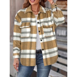 Plaid Tweed Bomber Jacket with Lapel Collar - Soft Slight Stretch Fabric, Micro Elasticity, Random Printing, Two Pockets - Casual Fall/Winter Loose Fit Long Sleeve Jacket for Women