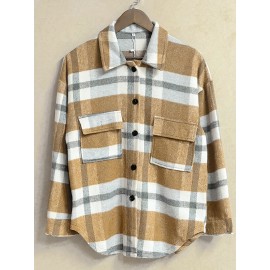 Plaid Tweed Bomber Jacket with Lapel Collar - Soft Slight Stretch Fabric, Micro Elasticity, Random Printing, Two Pockets - Casual Fall/Winter Loose Fit Long Sleeve Jacket for Women