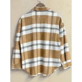 Plaid Tweed Bomber Jacket with Lapel Collar - Soft Slight Stretch Fabric, Micro Elasticity, Random Printing, Two Pockets - Casual Fall/Winter Loose Fit Long Sleeve Jacket for Women