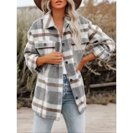 Plaid Tweed Bomber Jacket with Lapel Collar - Soft Slight Stretch Fabric, Micro Elasticity, Random Printing, Two Pockets - Casual Fall/Winter Loose Fit Long Sleeve Jacket for Women