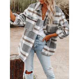 Plaid Tweed Bomber Jacket with Lapel Collar - Soft Slight Stretch Fabric, Micro Elasticity, Random Printing, Two Pockets - Casual Fall/Winter Loose Fit Long Sleeve Jacket for Women
