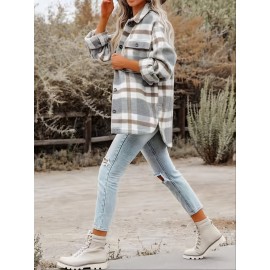 Plaid Tweed Bomber Jacket with Lapel Collar - Soft Slight Stretch Fabric, Micro Elasticity, Random Printing, Two Pockets - Casual Fall/Winter Loose Fit Long Sleeve Jacket for Women