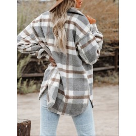 Plaid Tweed Bomber Jacket with Lapel Collar - Soft Slight Stretch Fabric, Micro Elasticity, Random Printing, Two Pockets - Casual Fall/Winter Loose Fit Long Sleeve Jacket for Women